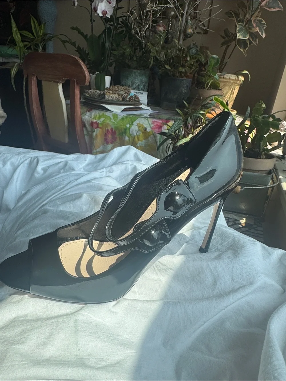 Miu Miu Black Patent Leather Mary Jane Peep-Toe Heels with Double Straps